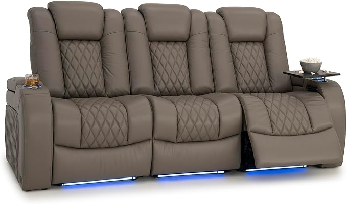 Seatcraft Diamante Zero-Gravity CoolZero Italian Leather Home Theater Seating, Power Headrest, Power Recline, Row of 3 Sofa, Gray