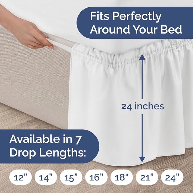 Wrap Around Dust Ruffle Bed Skirt - White - for Full Size Beds with 24 Inch Drop - Easy Fit Elastic Strap - Adjustable Pleated Bedskirt w/Brushed Fabric - Wrinkle Free - for Women, Men, Kids & Teens