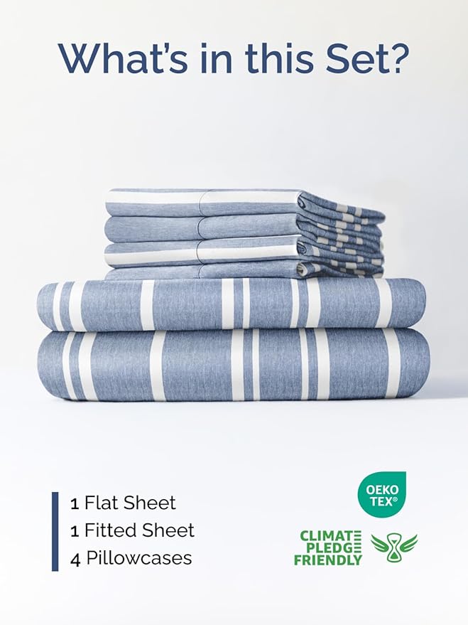 Extra Deep King Sheet Set - 6 Piece Breathable and Cooling Sheets - Hotel Luxury Bed Sheets Set - Easy Fit - Soft, Wrinkle Free and Comfy Sheets Set - Blue Striped Sheet Set with Extra Deep Pockets