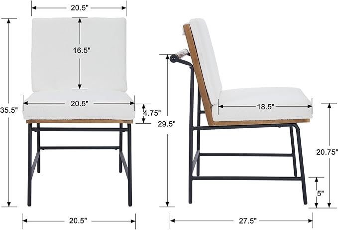 Modern Dining Chairs Set of 6, Comfy Sherpa Fabric Armless Upholstered Side Chairs with Wooden Backrest Black Metal Legs for Dining Room Living Room, White