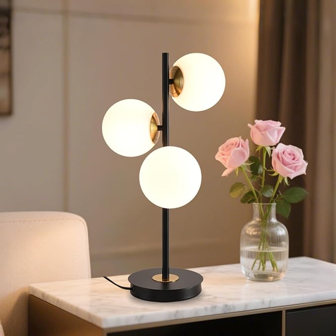 3-Light Black and Gold Table Lamp, Milk White Glass Globe Table Lamp for Nightstand, Mid Century Modern Bedside Lamps for Bedroom Living Room Office, G9 Base (Bulbs Not Included)