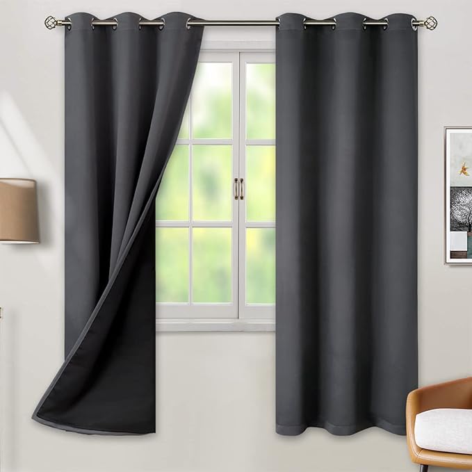 BGment Thermal Insulated 100% Blackout Curtains for Bedroom with Black Liner, Double Layer Full Room Darkening Noise Reducing Grommet Curtain (42 x 72 Inch, Dark Grey, 2 Panels)