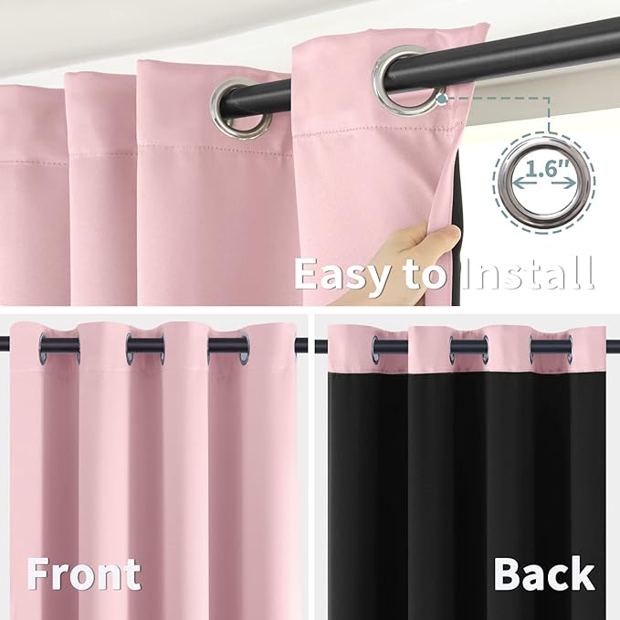 BGment Baby Pink 100% Blackout Curtains for Girls Bedroom 54 Inch Length, Thermal Insulated Full Light Blocking Grommet Noise Cancelling Small Window Curtains for Nursery 2 Panels Each 52 Inch Wide