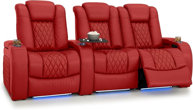 Seatcraft Diamante Zero-Gravity CoolZero Italian Leather Home Theater Seating, Power Headrest, Power Recline, Row of 3 Right Loveseat, Red