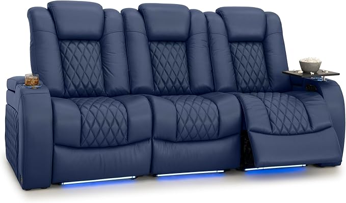 Seatcraft Diamante Zero-Gravity CoolZero Italian Leather Home Theater Seating, Power Headrest, Power Recline, Row of 3 Sofa, Navy Blue