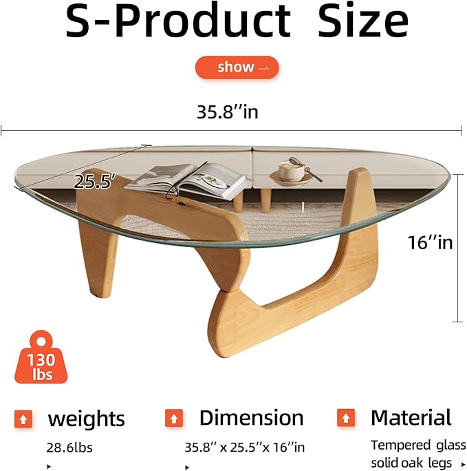 Modern Glass Coffee Table for Living Room, Mid Century Coffee Table, Small Coffee Tables, Suitable for Bedroom Living Room Reception Office Tables (Wood/Transparent, Medium)