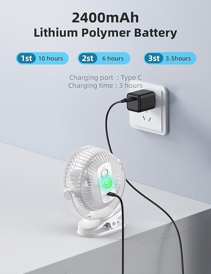 Svinkal usb Personal Clip on Fan 2400mAh Battery Operated 6in, Type C, 3 Speed, 720 adjustment, Small Portable Fan for Table, Bedroom, Desk, dormitory, Camping, Stroller, Golf Cart
