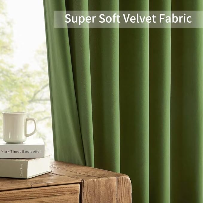 Joydeco Green Velvet Curtains 72 inch 2 Panel, Room Darkening Super Soft Velvet Drapes for Bedroom Living Room Thermal Insulated Window Drapes, Luxury Blackout Rod Pocket Curtains,W52 x L72 inch