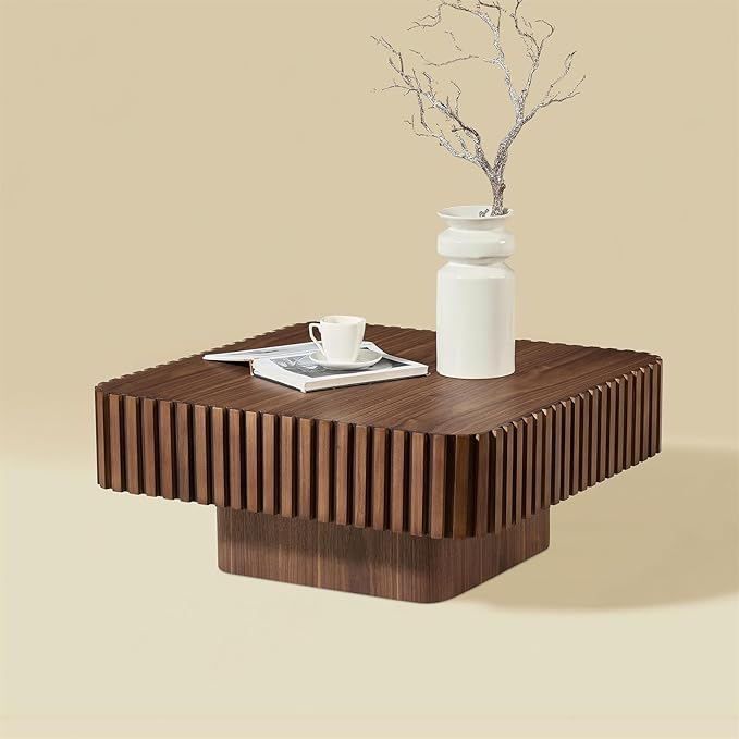 LKTART Square Coffee Table for Living Room, Accent Fluted Coffee Table with Storage, Modern Solid Wood Veneered Large Center Tea Table for Small Space Apartment (35.4''D×16''H-Walnut)