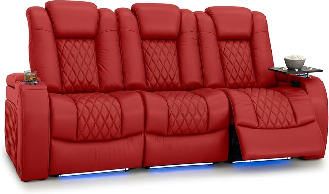 Seatcraft Diamante Zero-Gravity CoolZero Italian Leather Home Theater Seating, Power Headrest, Power Recline, Row of 3 Sofa, Red