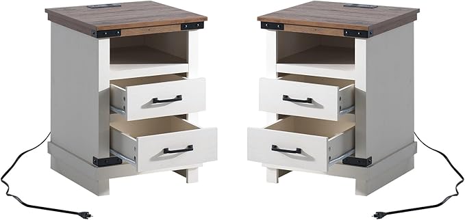 AMERLIFE Farmhouse End Table Set of 2, 18" Wood Night Stand with Charging Station & 4 Storage Drawers, Heavy Duty Bedside Nightstands for Bedroom, Living Room, Antique White