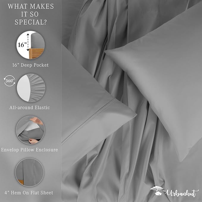 URBANHUT 800 Thread Count 100% Cotton California King Size Sheets, Luxury 4 Piece Cal King Bedsheets, Hotel Sheets Sateen Finish - Better Than Egyptian, 16" Elasticized Deep Pocket - Dark Grey