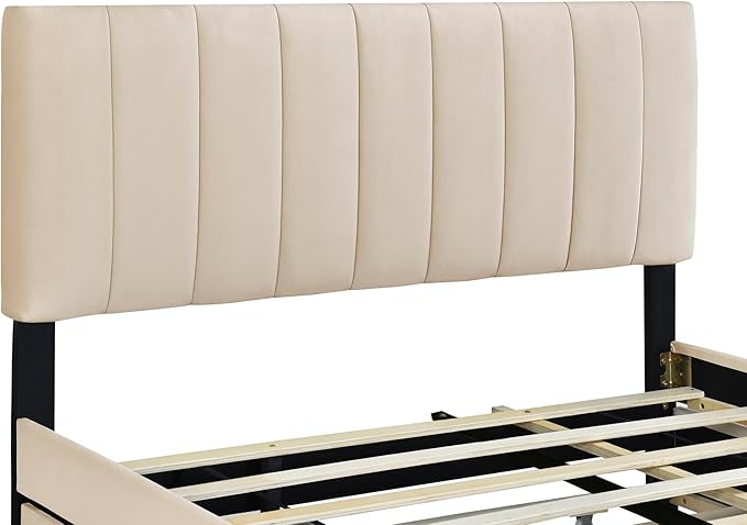 Queen Bed Frame with Trundle Bed,Velvet Upholstered Platform Bed Frame with Storage Drawers,Queen Size Trundle Bed with Headboard for Kids Teens Adults,Beige