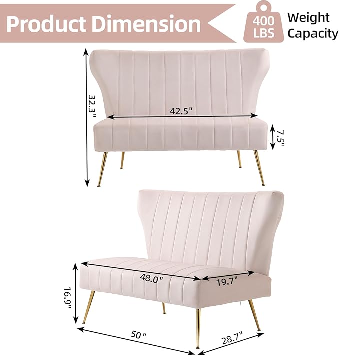 50’’ Armless Loveseat Sofa, Comfy Upholstered Velet Small Couch Sofa with Gold Legs, 2 Seater Tufted Modern Couch for Living Room, Bedroom, Apartment Small Space (Light Pink)