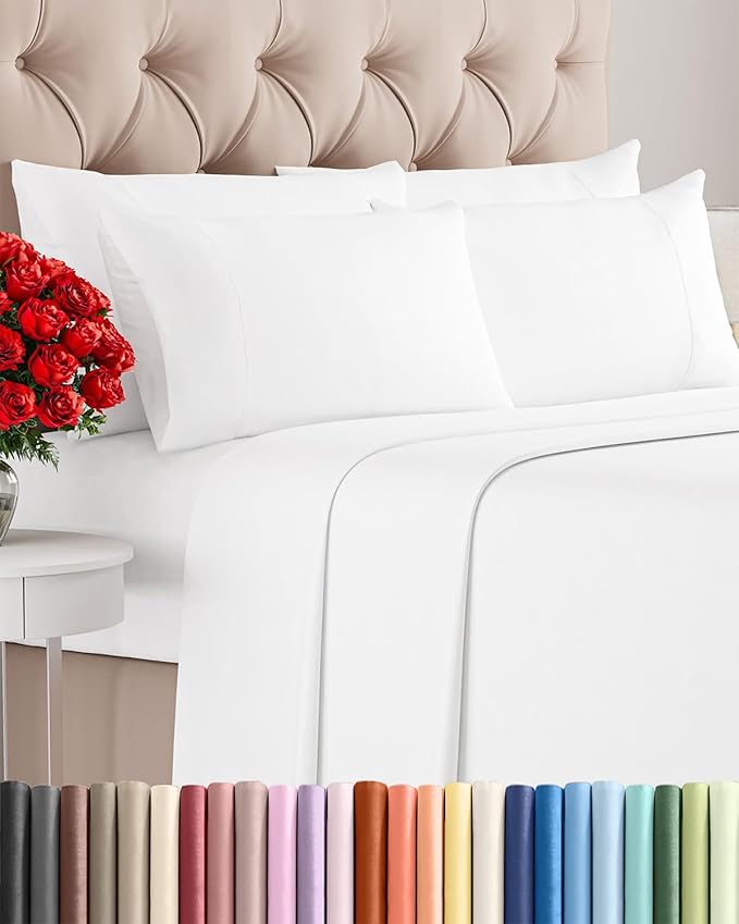 Full 6 Piece Sheet Set - Cooling, Comfy & Breathable - Hotel Luxury Bedding, Includes Fitted Sheet for Women, Men, Kids and Teens - 1 Flat, 1 Fitted Sheet, 4 Pillowcases with Deep Pockets - White