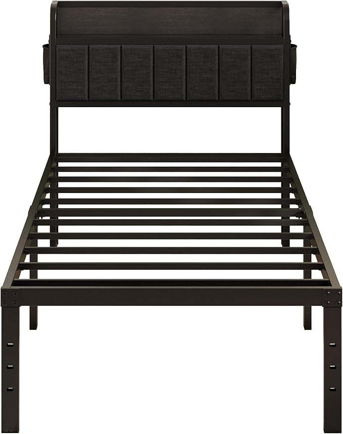 16 Inch Twin XL Bed Frames with Storage Headboard, Modern Design Metal XL Twin Bed Frame No Box Spring Needed, Easy Assembly, Black