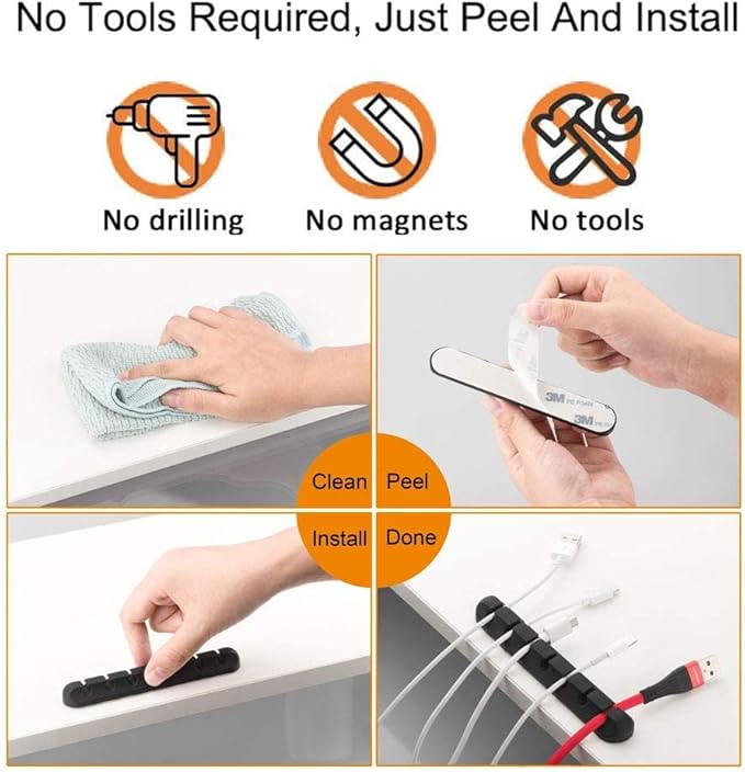 Cord Holder Cable Organizer Clips – Self Adhesive Cord Organizer for Desk, Car, Nightstands, Office, Black Silicone Cord Keeper Cable Clips Wire Holders for Phone Charger Cords (7-5-3-1-1 Slots)