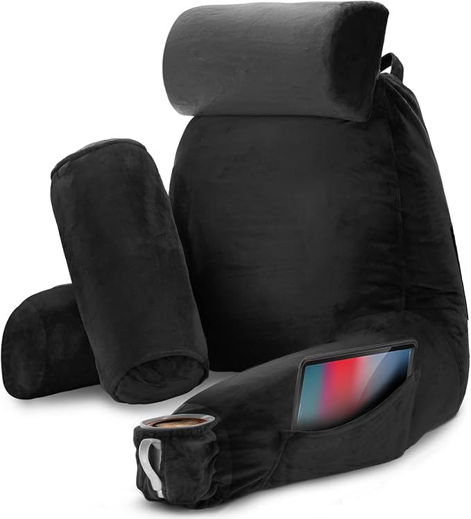 Nestl Reading Pillow with Shredded Memory Foam Includes 2 Neck and Lumber Support Pillows, Designed for Sitting Up in Bed and Couch, Back and Arms Adjustable Support for Adult & Teens, Black