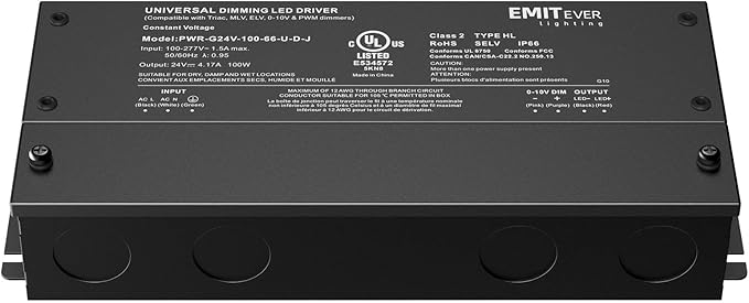 EMITEVER Dimmable Led Driver, 100W AC 100V-277V to DC 24V Transformer, 5-in-1 Dimming: ELV/MLV/TRIAC / 0-10V / 1-10V / 10V PWM/Potentiometer, Waterproof IP67 and UL Listed