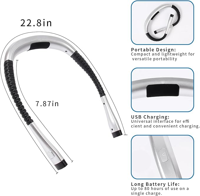 Book Light, 3-Color & 9-Brightness Reading Light, Bendable Neck Light, 80-hr Lasting Rechargeable Lamp, Perfect Book Light for Reading in Bed, Knitting, Camping (Argent, Classic)