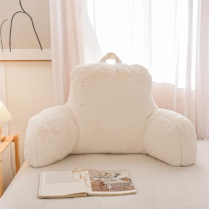 Holawakaka Large Faux Fur Bed Rest Pillow with Arms, Rabbit Fur Reading Pillows Perfect for Adults Men Women, Arm, Back, Pregnancy Lumbar & Head Neck Coccyx Lower Back Support Cushion (Ivory)