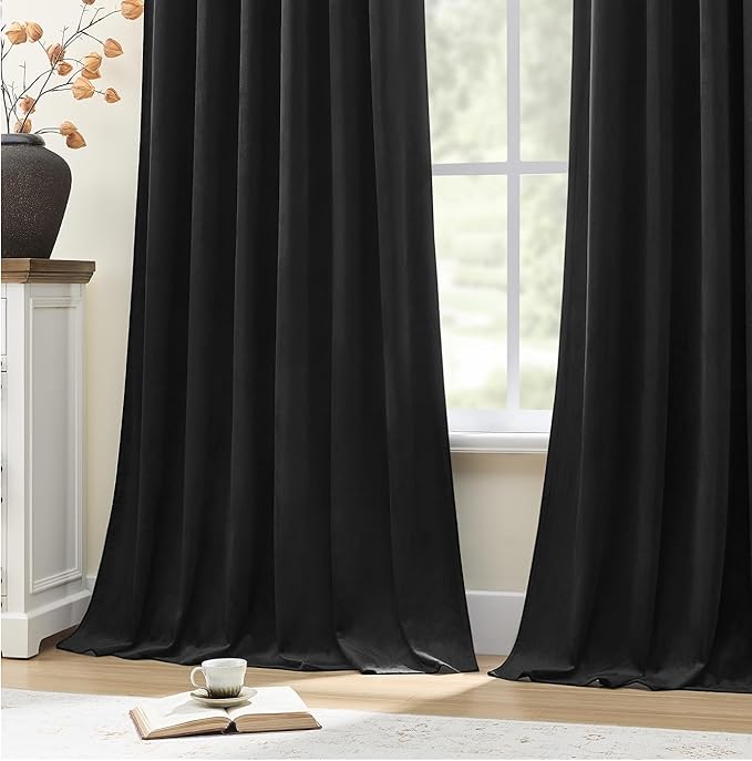 AUSSPVOCT Black Velvet Blackout Curtains 96 Inches for Bedroom, Light Reducing Thermal Curtain Elegant Soft Luxury Room Darkening Window Drapes for Living Room, Back Tab Rod Pocket, W52 x L96, 2 Pcs