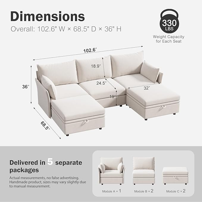ABCASA 102.6" U Shaped Modular Sectional Sofa, 5 Seater Couch with Storage Ottoman Deep Seat and High Backrest with Removable Cover for Living Room, Apartment - Chenille White