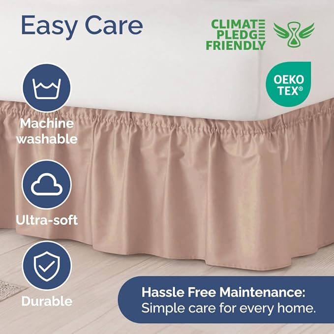 Wrap Around Dust Ruffle Bed Skirt - Mauve - for King Size Beds w/ 12 Inch Drop - Easy Fit Elastic Strap - Adjustable Pleated Bedskirt w/Brushed Fabric - Wrinkle Free - for Women, Men, Kids & Teens