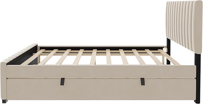 Full Bed Frame with Trundle Bed,Velvet Upholstered Platform Bed Frame,Full Size Trundle Bed with Headboard for Kids Teens Adults(Beige)