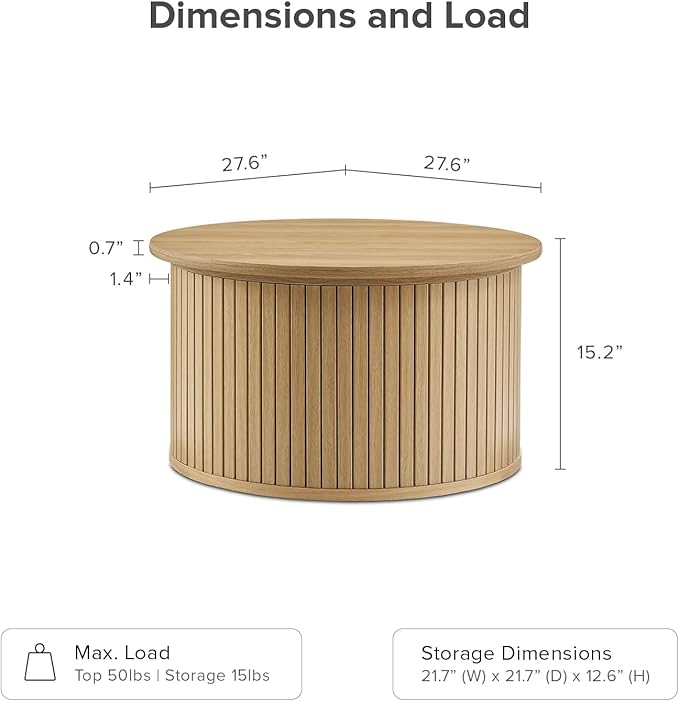 mopio Quin Tambour Round Circle Coffee Table with Storage, Drum Accent, Mid Century Modern, Wood, Fluted Center, Tea Table with Removable Lid, Living Room (Oak)