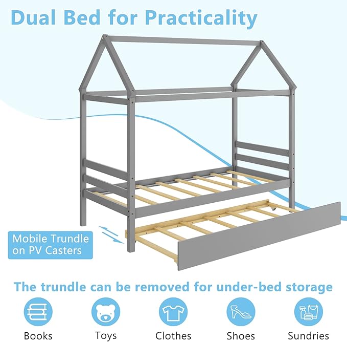 Giantex House Bed with Trundle, Solid Wood Twin Size Daybed for Girls & Boys, Kids Platform Bed Frame with Roof for Bedroom, No Box Spring Needed, Grey