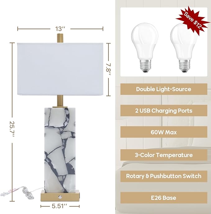 Natural Marble Table Lamps Set of 2: 3-Color Temperatures Alabaster Lamp with Nightlight, Bedside lamps with USB Ports, Bedroom Lamps for Night Stands End Table lamps for Living Room, Bulbs Included