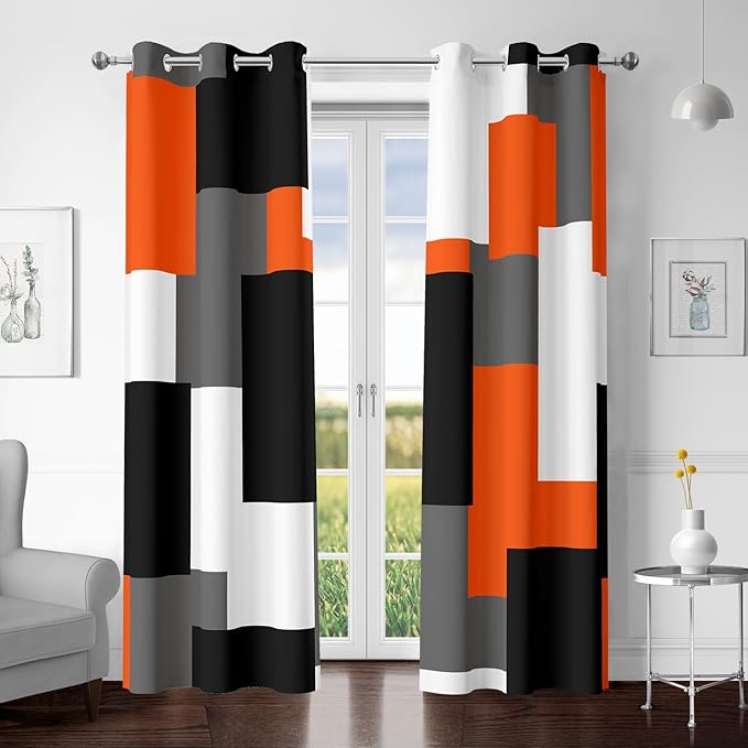 Orange 100% Blackout Curtains for Bedroom 72 inch Length 2 Panels Set White Grey Modern Abstract Geometric Black Out Curtains Insulated Room Darkening Window Drapes for Living Room, 42Wx72L