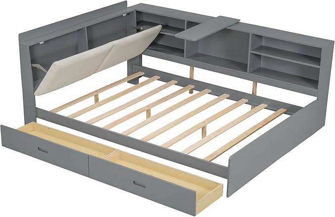 Ball & Cast Full Size Wooden Storage Daybed Frame, Modern Platform Bed with Drawers & Flip Headboard & Shelves, L Shaped Full Floor-Bed w/Upholstered Headboard&Storage, No Box Spring Needed, Gray