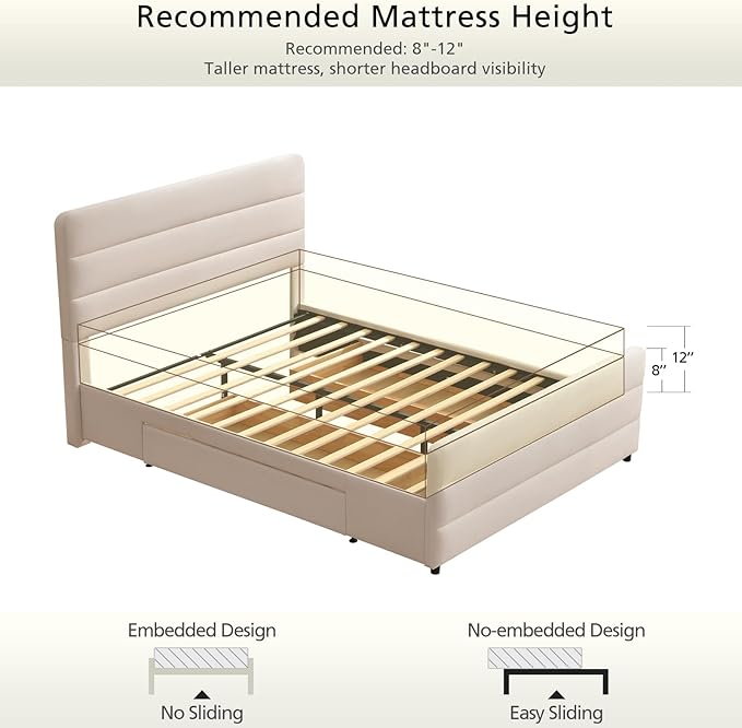 VELOCAVA Queen Size Upholstered Platform Bed with Tall Headboard and Footboard, 2 Side Storage Drawers, Modern Beige Fabric Bed Frame, No Box Spring Needed, Slatted Base Support, Easy Assembly