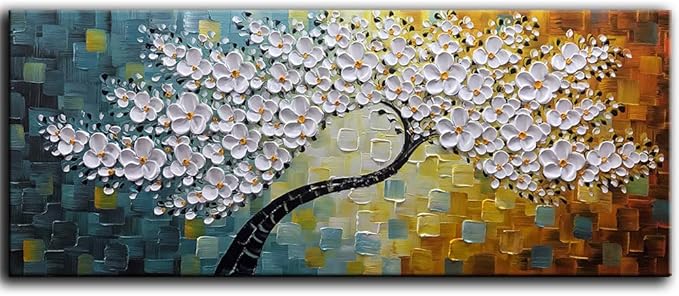 YaSheng Art - 100% Hand Painted Contemporary Art Oil Painting On Canvas Texture White 3D Flower Paintings Modern Home Bedroom Living Room Wall Decor Abstract Art Paintings 24x60inch