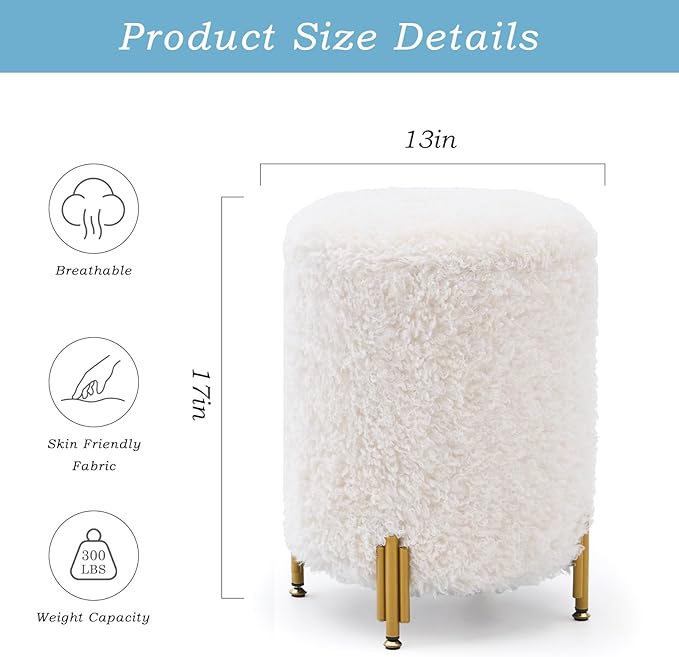 Mxfurhawa Round Ottoman Foot Stool with Storage and Metal Legs for Living Room Bedroom, Velvet Upholstered Footrest Stool Support 300lbs Modern Padded Seat Ottoman Coffee Table (White-Long Wool)