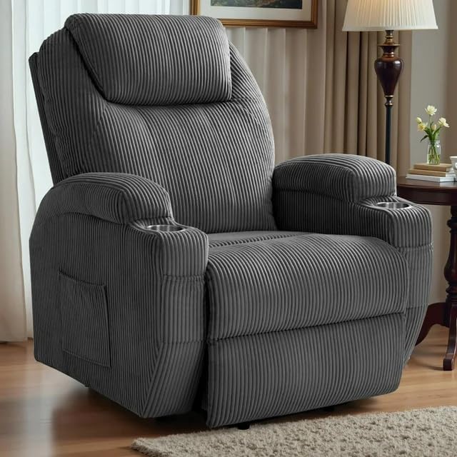 Furmax Electric Power Lift Recliner Chair with Massage for Elderly Corduroy Fabric Recliner Single Sofa with Cup Holders, Side Pockets and Remote Control for Living Room Bedroom (Gray)