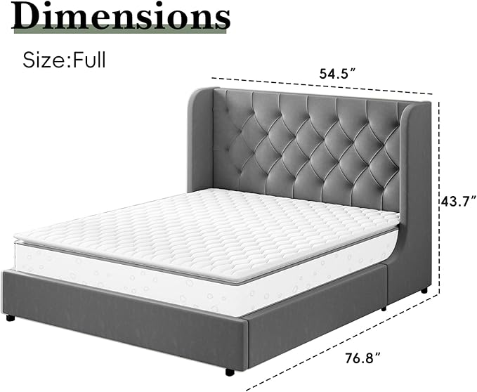 HOMBCK Full Size Bed Frame, Grey Upholstered Platform Bed Frame with Headboard, Velvet Tufted, Curved Wingback Design, Wooden Slats, No Box Spring, Noise Free, Easy Assembly
