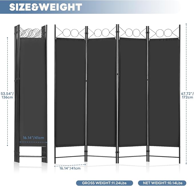 DUMOS 4 Panel Partition Room Divider, 6 Ft Tall Folding Privacy Screen, Freestanding Partition with Steel Frame, Easy Move & Storage, for Home, Office, Bedroom, Black
