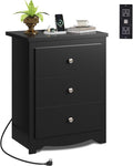 WLIVE Tall Nightstand with Charging Station, Wood Night Stand with 3 Drawers Storage, Bedside Table End Side Tables with 2 USB Ports and Outlets for Bedroom, Closet, Black