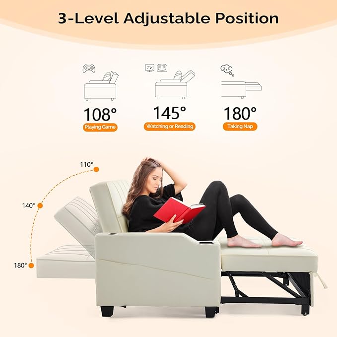 VINGLI Beige Futon Sofa Bed Convertible Loveseat Sleeper Couch, Faux Leather Pullout Sofa Fold Out Couch Bed with USB Ports, Cup Holders, Armrest for Living Room, Bedroom Apartment Room