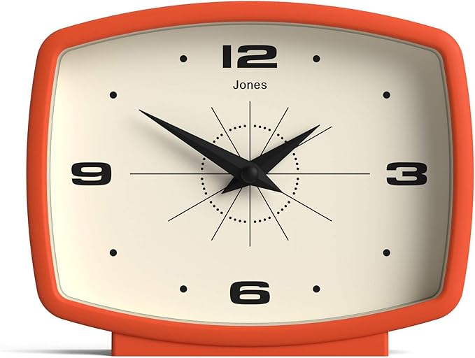 JONES CLOCKS® Film Desk Clock | Retro Rectangular Design | Orange | Retro Design, Blending mid Century Style with a Punchy Modern Finish for Shelf, Table, Mantel or Bedside