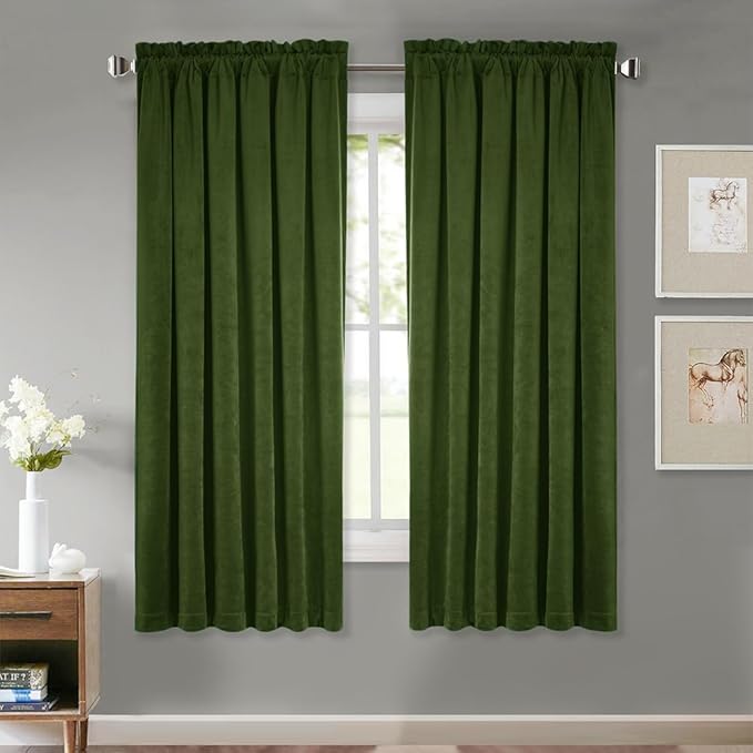 StangH 63 inch Length Christmas Moss Green Velvet Curtains 2 Panels, Rod Pocket Soft Thick Drapes Light Dampening Heat & Cold Blocking for Kitchen/Bathroom, W52 x L63