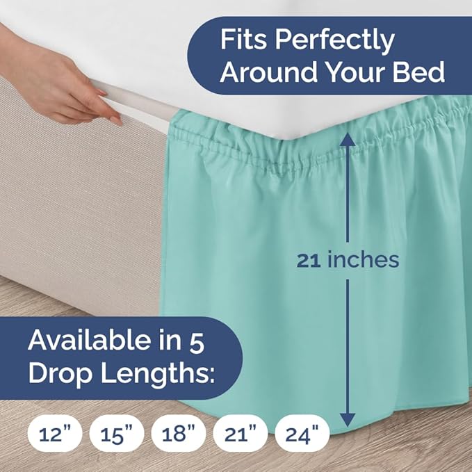 Wrap Around Dust Ruffle Bed Skirt - Spa Blue - for Full Size Beds with 21 Inch Drop - Easy Fit Elastic Strap - Adjustable Pleated Bedskirt w/Brushed Fabric Wrinkle Free - for Women, Men, Kids & Teens