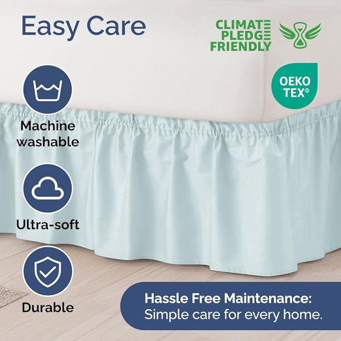 Wrap Around Dust Ruffle Bed Skirt - Ice Blue - for Full Size Beds w/ 15 Inch Drop - Easy Fit Elastic Strap - Adjustable Pleated Bedskirt w/Brushed Fabric - Wrinkle Free - for Women, Men, Kids & Teens