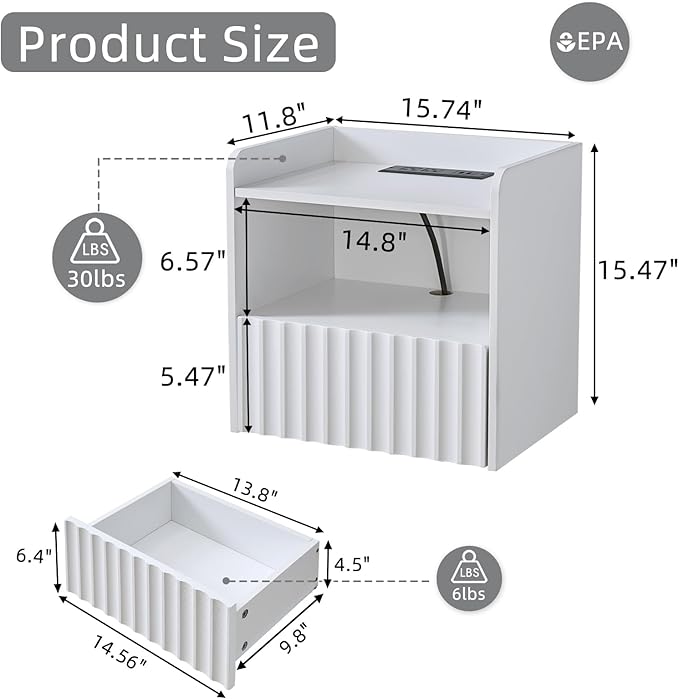 Modern Fluted Floating Nightstand Wall Mounted Set of 2- Bedside Table with Storage Drawer & Display Shelf, Minimalist Bedroom Furniture for Studio Apartments (Matte White)