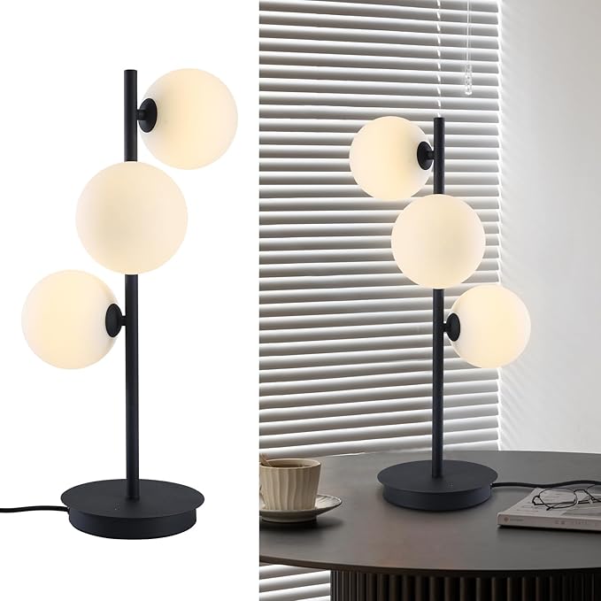 Mid Century Modern Table Lamp, Black Nightstand Lamp, White Glass Globe Desk Lamp, 3 Lights Contemporary Bedside Lamp for Bedroom Living Room Study Room