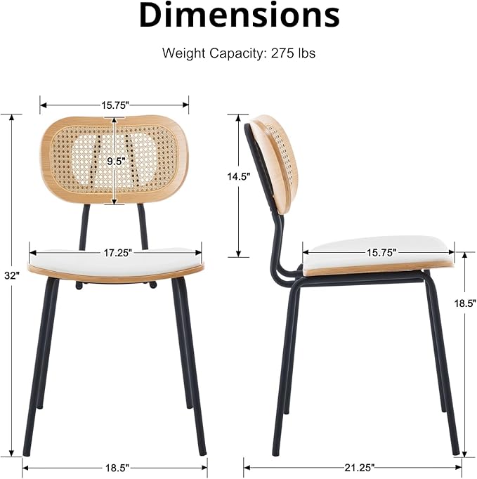 HEAH-YO Dining Chairs Set of 2, Upholstered Faux Leather Rattan Dining Chairs with Backrest and Metal Legs, Armless Kitchen Rattan Chairs for Dining Room, White