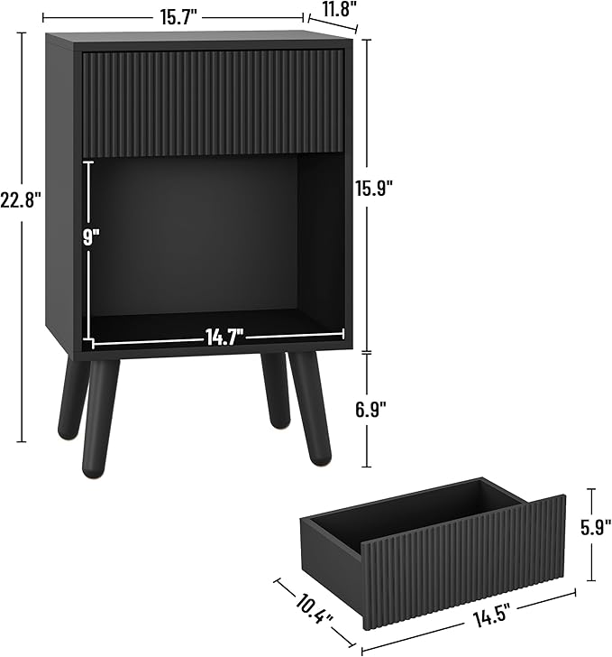 Nightstand, Modern Bedside Table with Storage Drawers and Open Wood Shelf, Night Stand with Solid Wood Legs, End Tables Side Tables for Living Room, Bedroom Black
